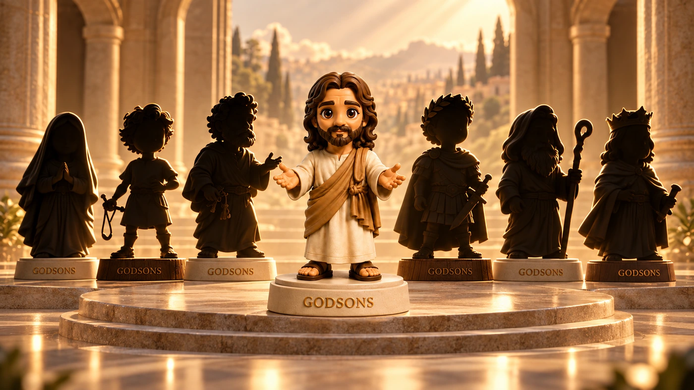 GODSONS 001 Jesus in front of six concept silhouettes representing future figures in the GODSONS universe