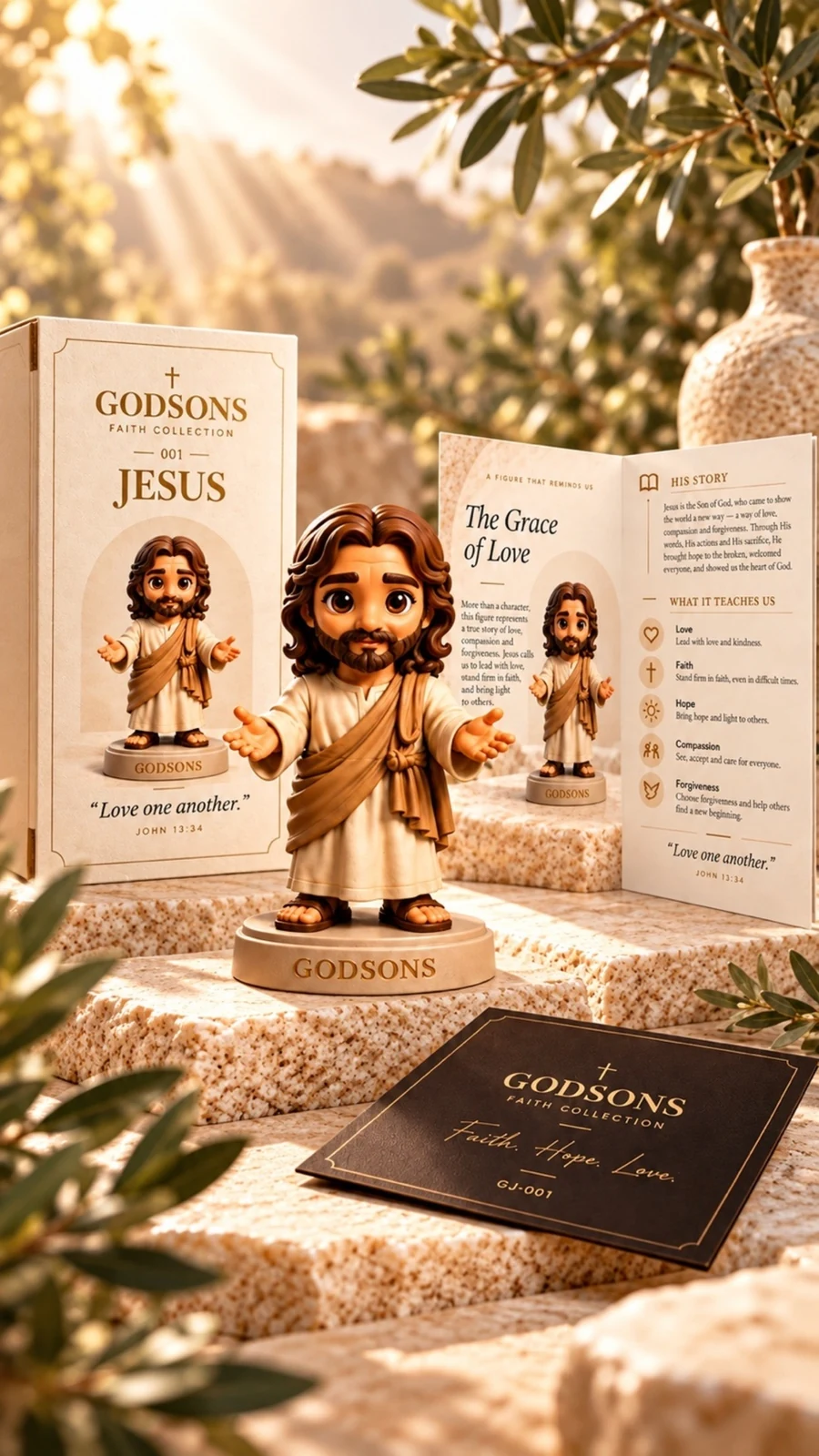 GODSONS 001 Jesus collectible displayed with its packaging and story card